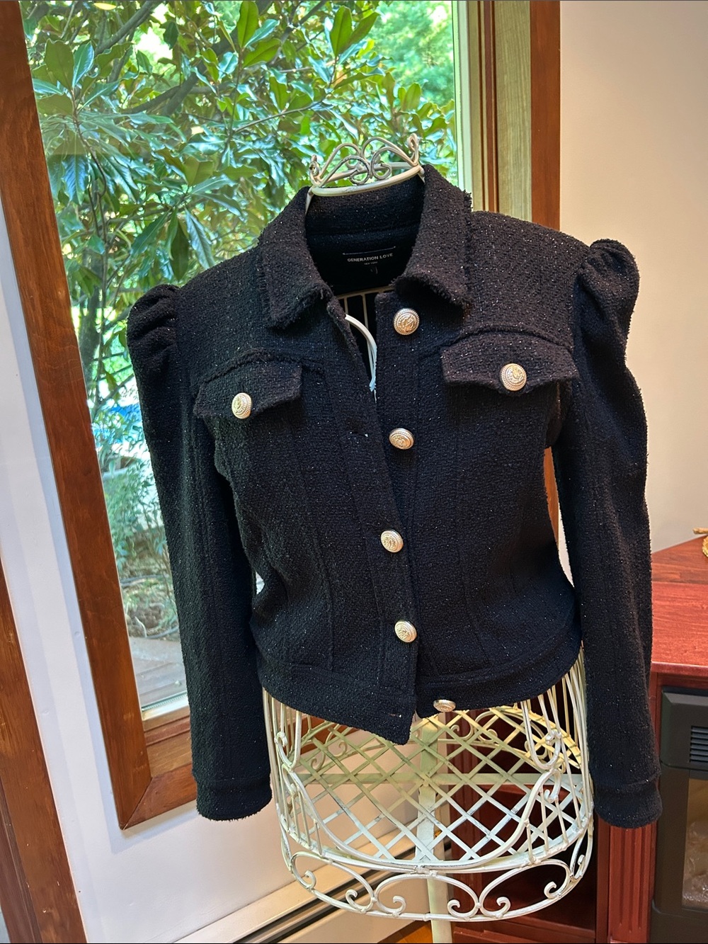 Generation Love Black Tweed Puff-Sleeve Jacket with Gold Buttons